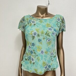Robbie Bee VTG Silk 90s Y2K Teal Top Floral Sheer Sequin Sz 12P Fairy Whimsycore